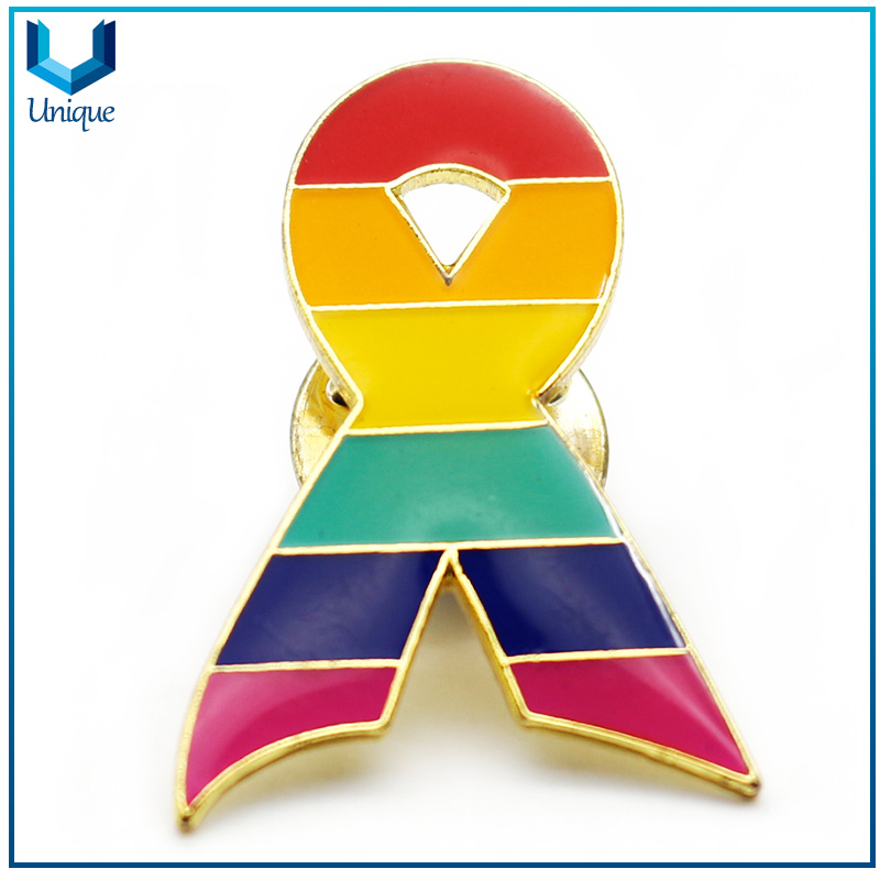 Available Mold Ribbon Pin, Multiple Design & color Metal Ribbon badge,Anti-Cancer Lapel Pin, Die Struck Gold Rainblow Pin