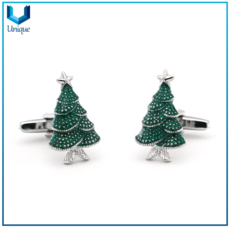 Custom Design Christmas Tree Cufflink, Fashion Jewelry Decoration Cufflink, 3D Nickel plating Wedding Cufflink for Promotional Gifts in gifts Box Packing