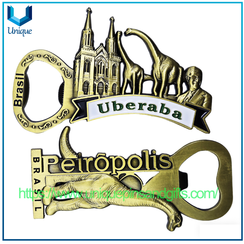 Customized Brasil PEIROPOLIS Uberaba Metal City Logo Dinosaur Pattern Plating Copper Fridge Magnet Sticker