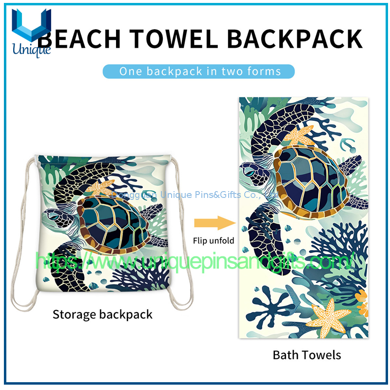 Custom Design Absorbent Quick Drying Beach Towel, Beach Towel Bag, Printed Drawstring Logo Portable Beach Backpack Can Customize Any Pattern