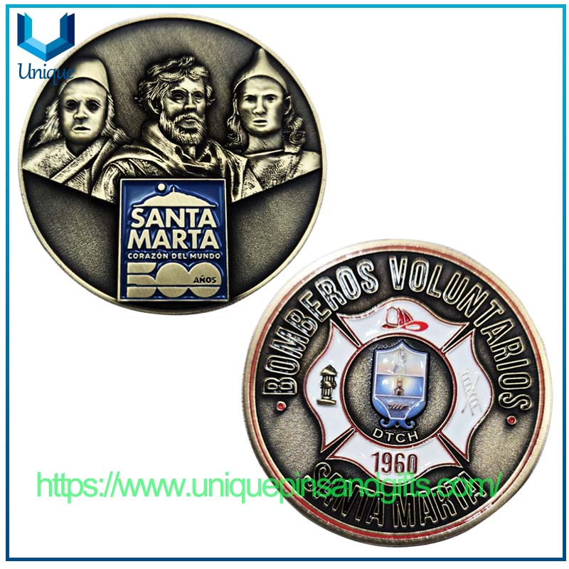 Customized Die Struck Dual Sides Nickel Antique Bronze Two Tone 3D Columbia SANTA MARTA BOMBEROS VOLUNTARIOS Commemorative Coin