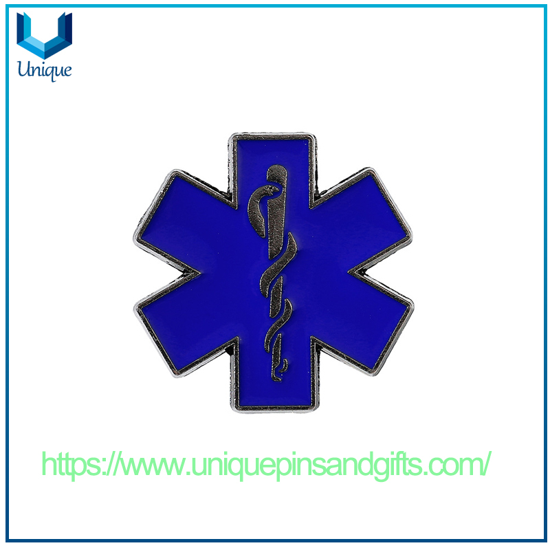 Customized Metal Badge, Blue Ambulance Logo And Life Star Metal Emblem Pin Badge, Emergency Rescue Badge