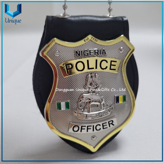 High Quality Custom Design 3D Gold+ Nickel two tone plating Nigeria Police Metal Badge with Cow leather holder with ball Chain and belt clip