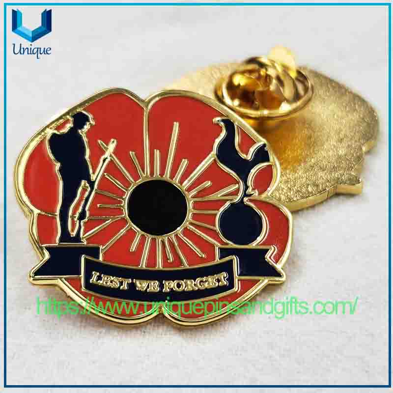 Custom Hard Enamel Flower Charming Lapel Pin, Gold UK REMEMBERANCE Metal Brooch