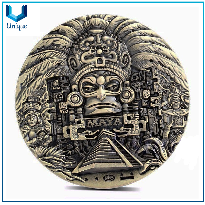 Customize Antique Brass 3D Coin, Big Size Maya Aztec Statue 3D Commemorative Coin,Ancient Egypt Challenge Coin 