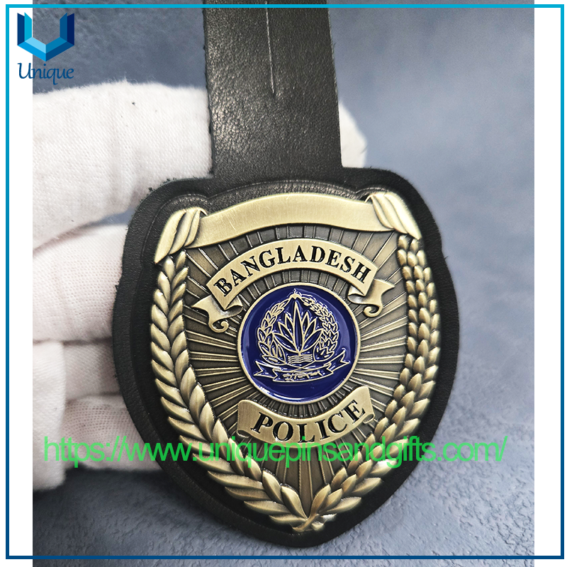 High Quality Customize Po-lice metal badg with Cow Leather Holder for Bangladesh Po-Lice (7)