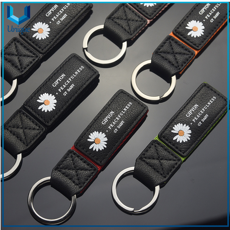 Leather Keychain, Printing Logo Car keychain Ring, Fashion Customize Design leather+ Webbing Keychain Chain for Gifts