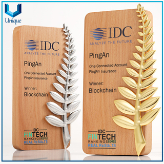 Wooden Plaque w/ Metal Wheat Ear Decoration, Wood Trophy for Awards, Metal Wood Trophy Cup for Honor Gifts