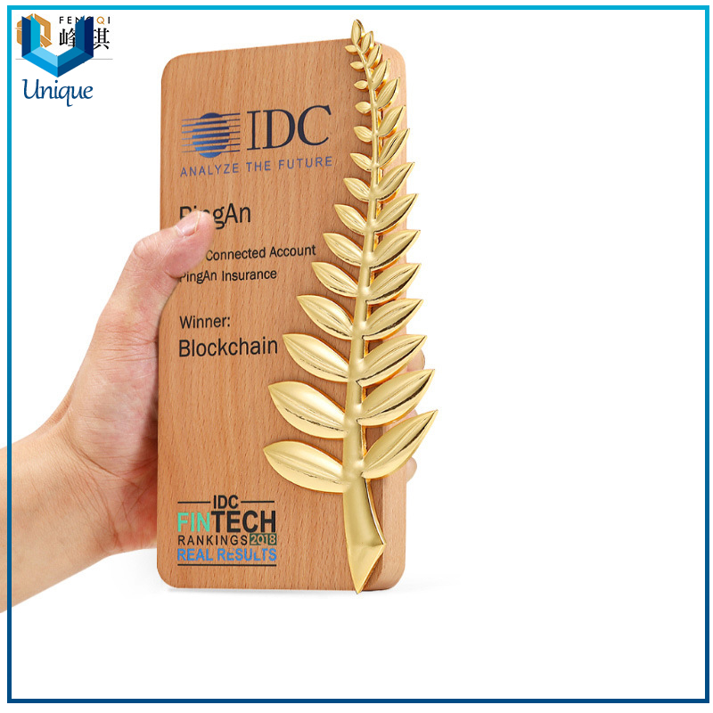 Wooden Plaque w/ Metal Wheat Ear Decoration, Wood Trophy for Awards, Metal Wood Trophy Cup for Honor Gifts