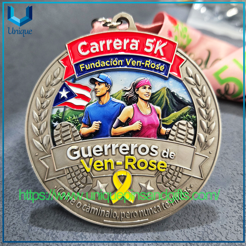 Custom Design Single Side 3D +UV+Enamel Puerto Rico Ven Rose Running Medal