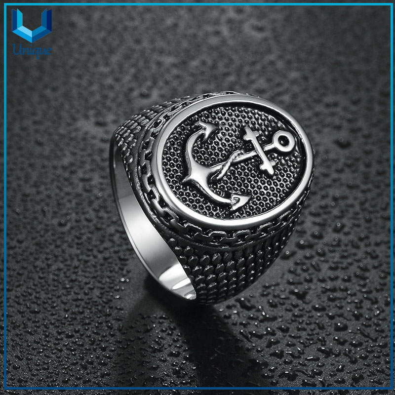 Jiushang retro navy boat anchor style alloy copper titanium steel hip hop fashion vintage punk jewelry mens ring