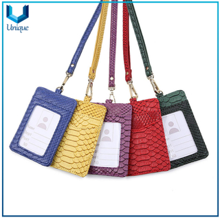 Hot selling python pattern student ID card holder custom PU leather work pass card case with lanyard