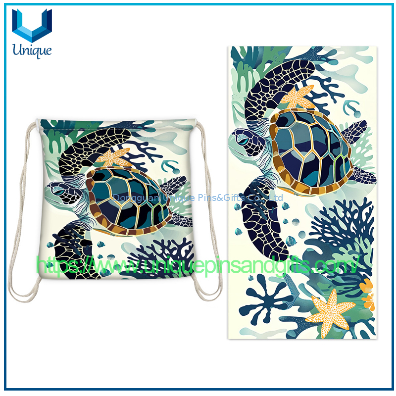 Custom Design Absorbent Quick Drying Beach Towel, Beach Towel Bag, Printed Drawstring Logo Portable Beach Backpack (5)