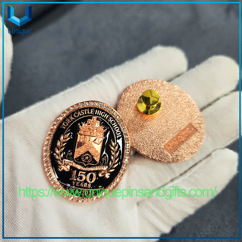 Custom Metal 3D Badge School Badge College Badge Lapel Pin,Outer Edge Set with Diamonds And Flat Cap