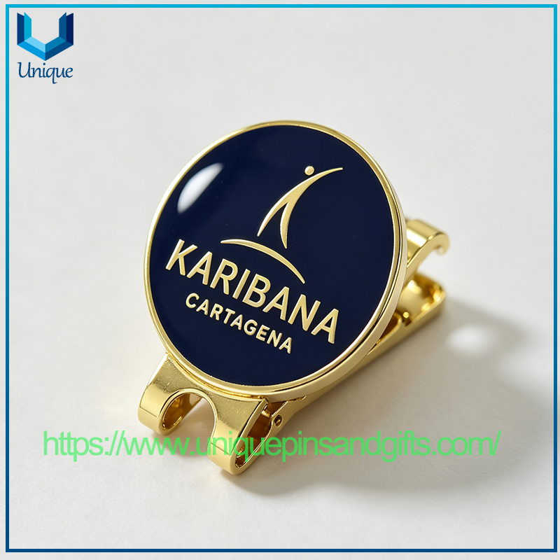Customize Hard Enamel Golf Ballmarker with Hat Clip In Gold Plating