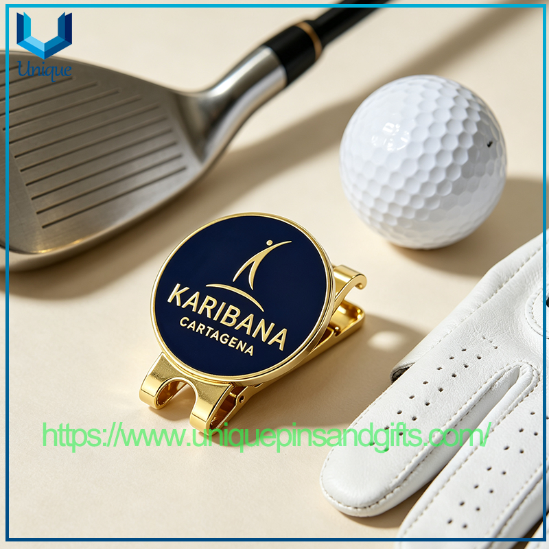 Customize Hard Enamel Golf Ballmarker with Hat Clip In Gold Plating