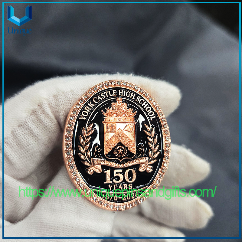 Custom Metal 3D Badge School Badge College Badge Lapel Pin,Outer Edge Set with Diamonds And Flat Cap